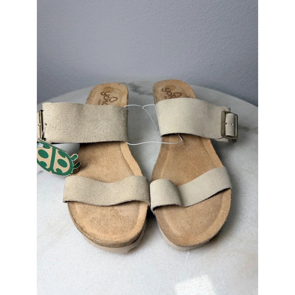 Yokono Womens Beige Suede Leather Cork Wedge‎ Buckle Slide Sandals Size 9 Spain